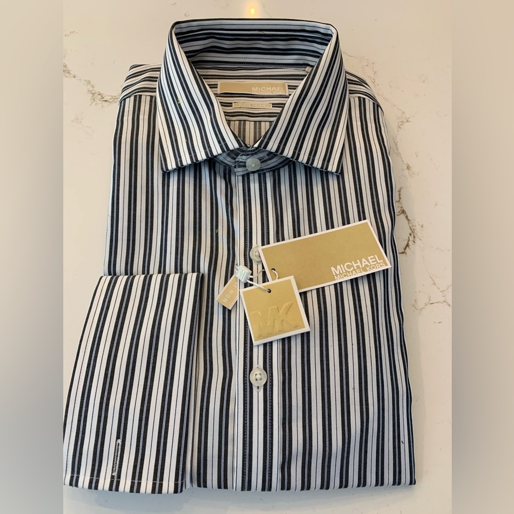 Michael Kors Men’s Size 17 1/2 32-33  Non Iron White w Blue & Gray Stripes NEW